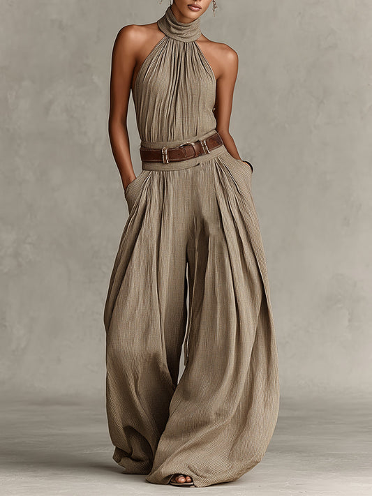 Caterina | Tuta wide leg tortora con scollo all'americana in stile boho