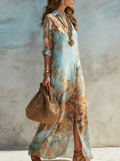 Abito Maxi In Chiffon Blu A Fiori Stile Barocco
