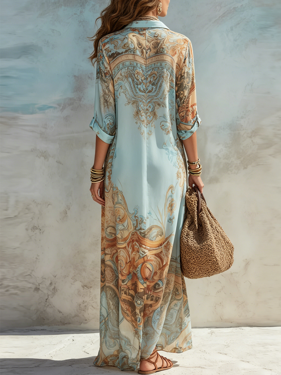 Abito Maxi In Chiffon Blu A Fiori Stile Barocco