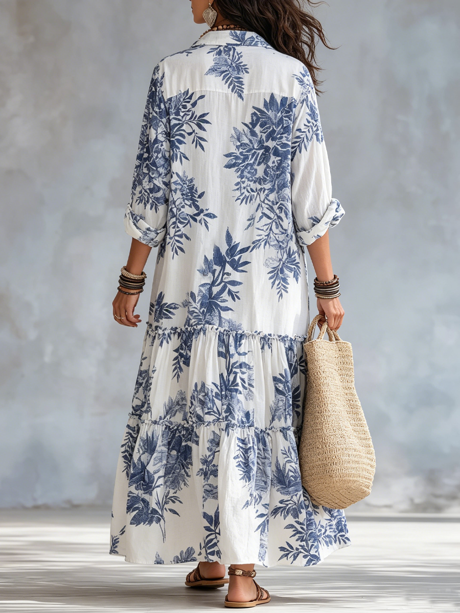 Abito Maxi Bohémien A Fiori Blu Con Abbottonatura Frontale