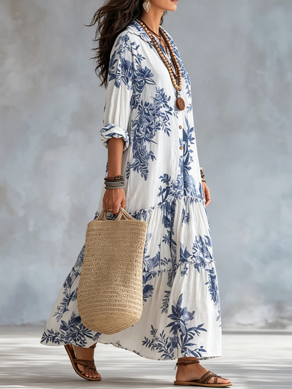 Abito Maxi Bohémien A Fiori Blu Con Abbottonatura Frontale