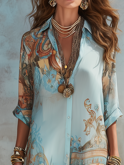 Abito Maxi In Chiffon Blu A Fiori Stile Barocco