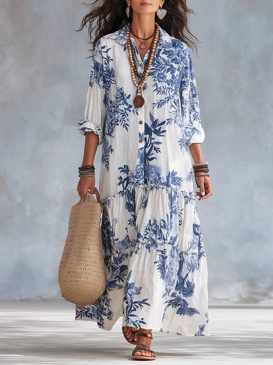 Abito Maxi Bohémien A Fiori Blu Con Abbottonatura Frontale