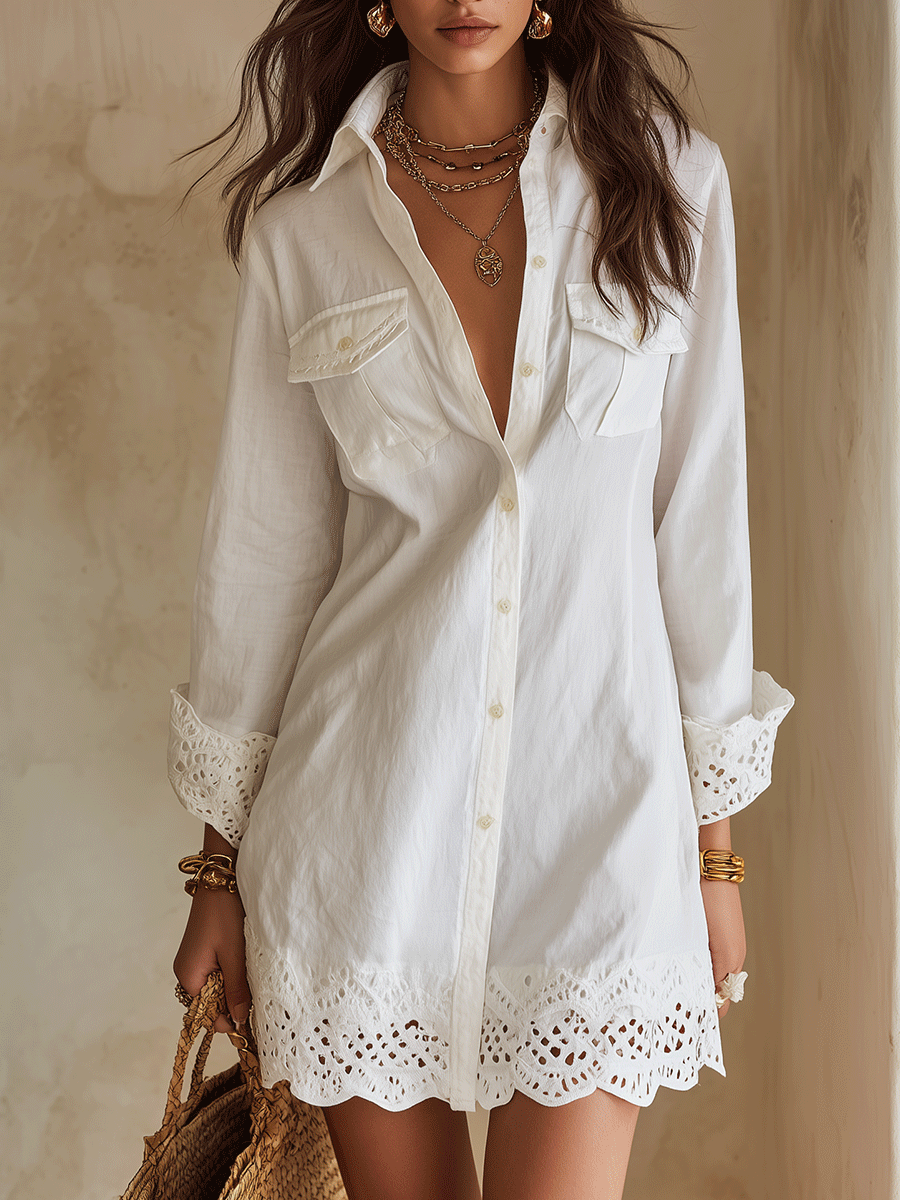 Abito Camicia Mini Bianco Da Resort Bohémien Con Orlo A Sangallo