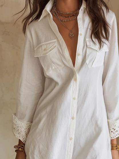 Abito Camicia Mini Bianco Da Resort Bohémien Con Orlo A Sangallo