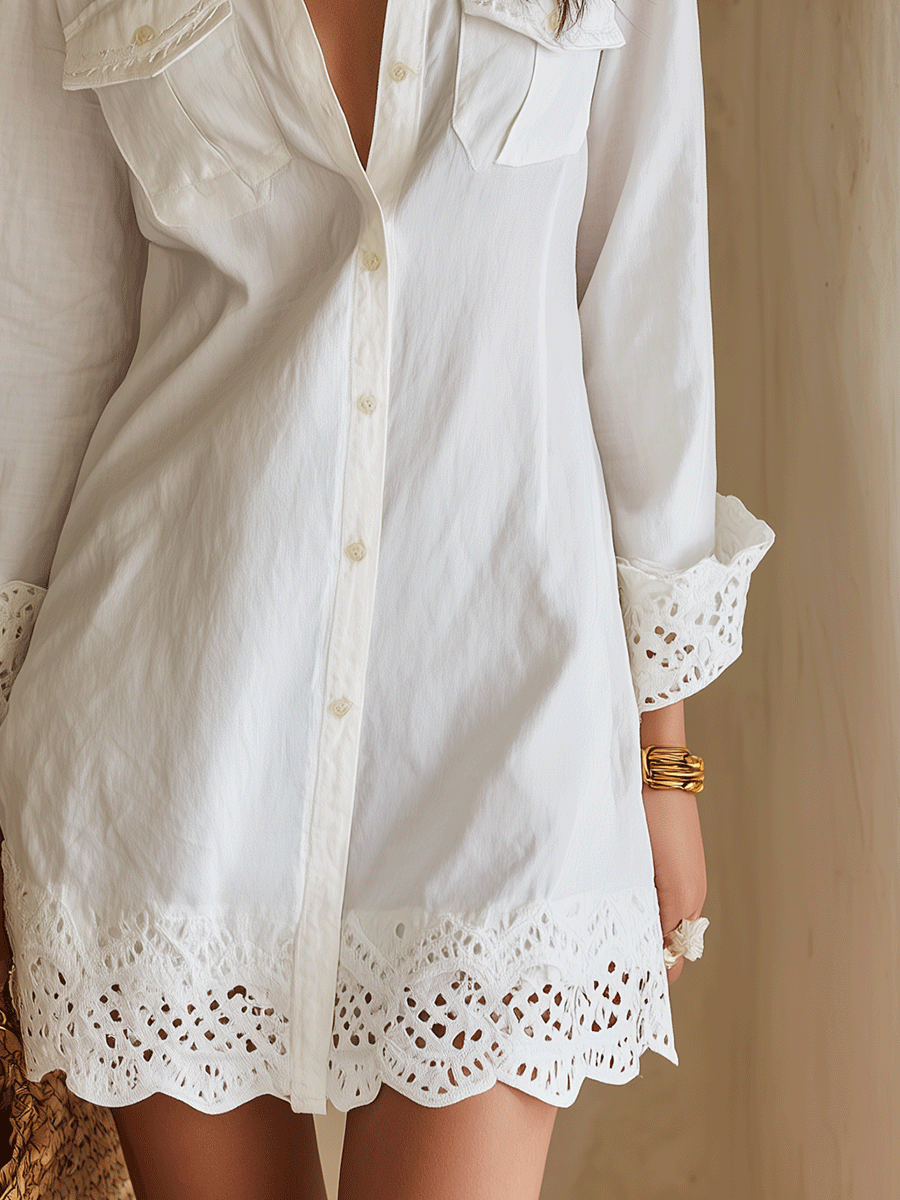Abito Camicia Mini Bianco Da Resort Bohémien Con Orlo A Sangallo