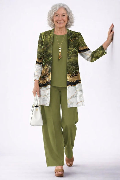 Costanza | Completo tre pezzi verde con cardigan lungo e pantaloni a fantasia