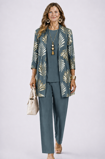 Costanza | Completo tre pezzi verde con cardigan lungo e pantaloni a fantasia