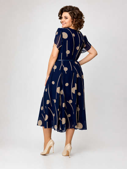 Ilara | Abito Midi in Chiffon a Pois Blu Navy