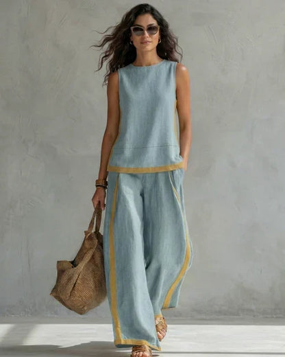 Sveva | Completo due pezzi top senza maniche e pantaloni a gamba larga con profili cuoio