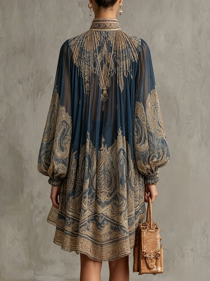 Marianna | Mini abito in chiffon blu navy con stampa barocca dorata