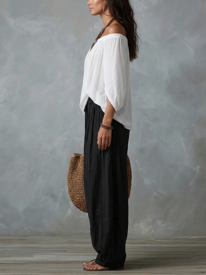 Luisa | Conjunto de Top con Hombros Descubiertos y Pantalones Holgados Tipo Farol