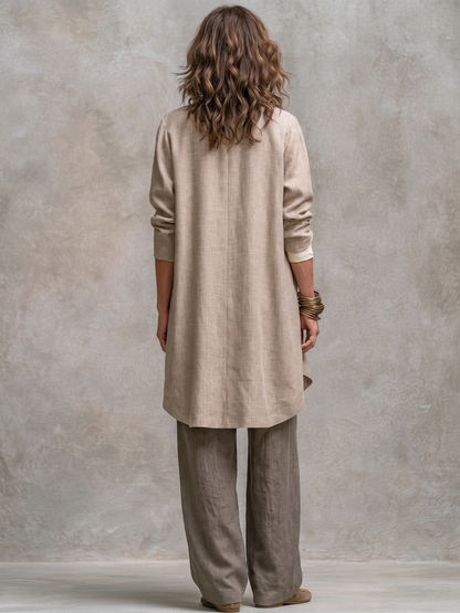 Donatella | Completo tre pezzi beige-grigio con cardigan lungo e pantaloni ampi