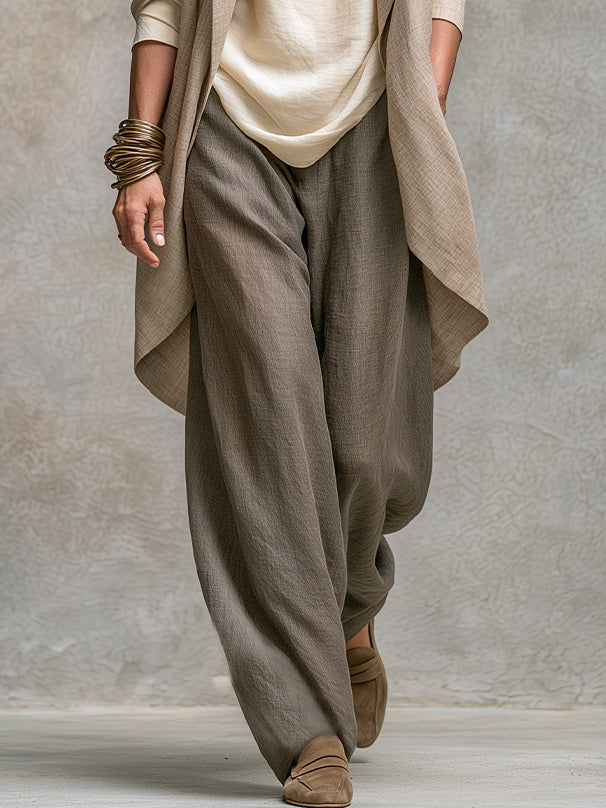 Donatella | Completo tre pezzi beige-grigio con cardigan lungo e pantaloni ampi