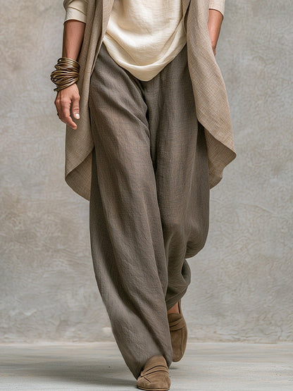Donatella | Completo tre pezzi beige-grigio con cardigan lungo e pantaloni ampi