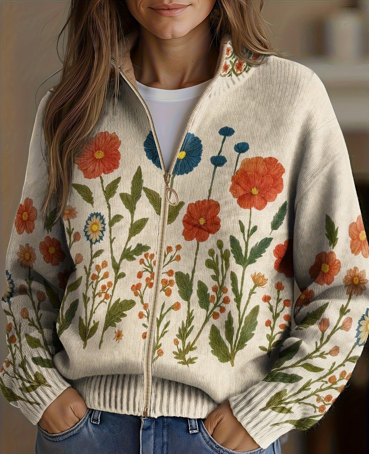 Ilaria | Cardigan con Zip Motivo Prato Fiorito