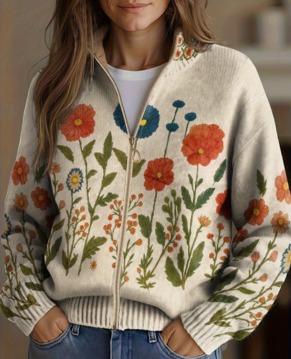 Ilaria | Cardigan con Zip Motivo Prato Fiorito